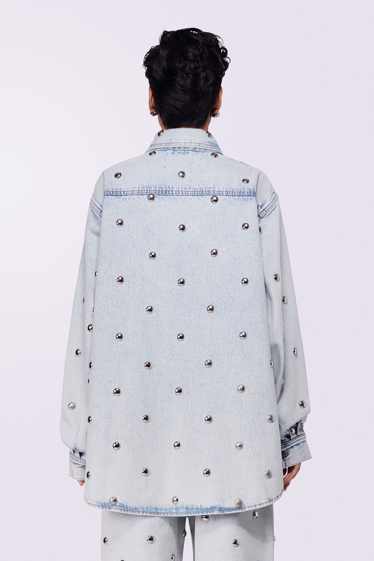 Unisex Stud Denim Overshirt Bleach Blue